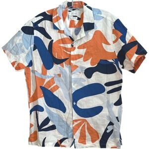 Porter & Ash Mens 100% Linen Shirt Abstract Blue Orange Summer Vacation Resort M